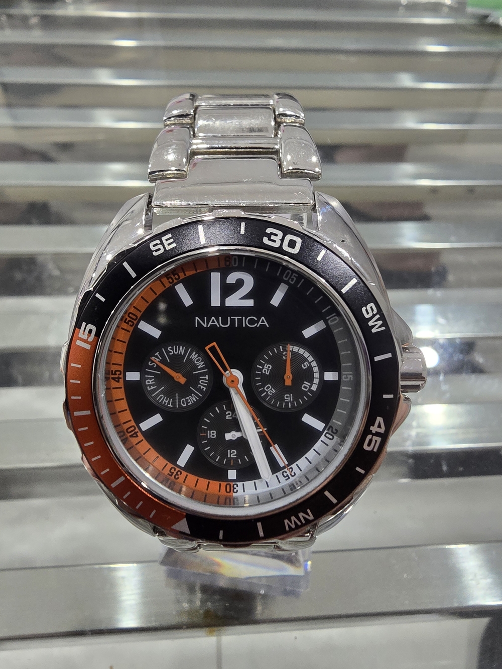 Nautica Black Dial Silver Bracelet Watch with Orange Accents